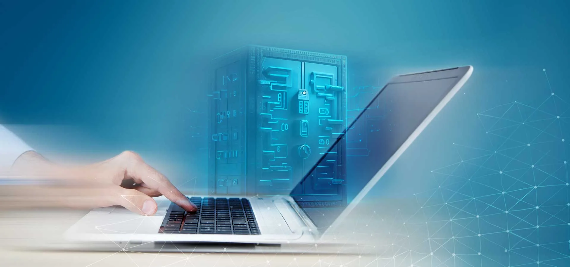 Software di digitalizzazione 4 Software di digitalizzazione mani che digitano su un laptop con un server di rete sullo sfondo