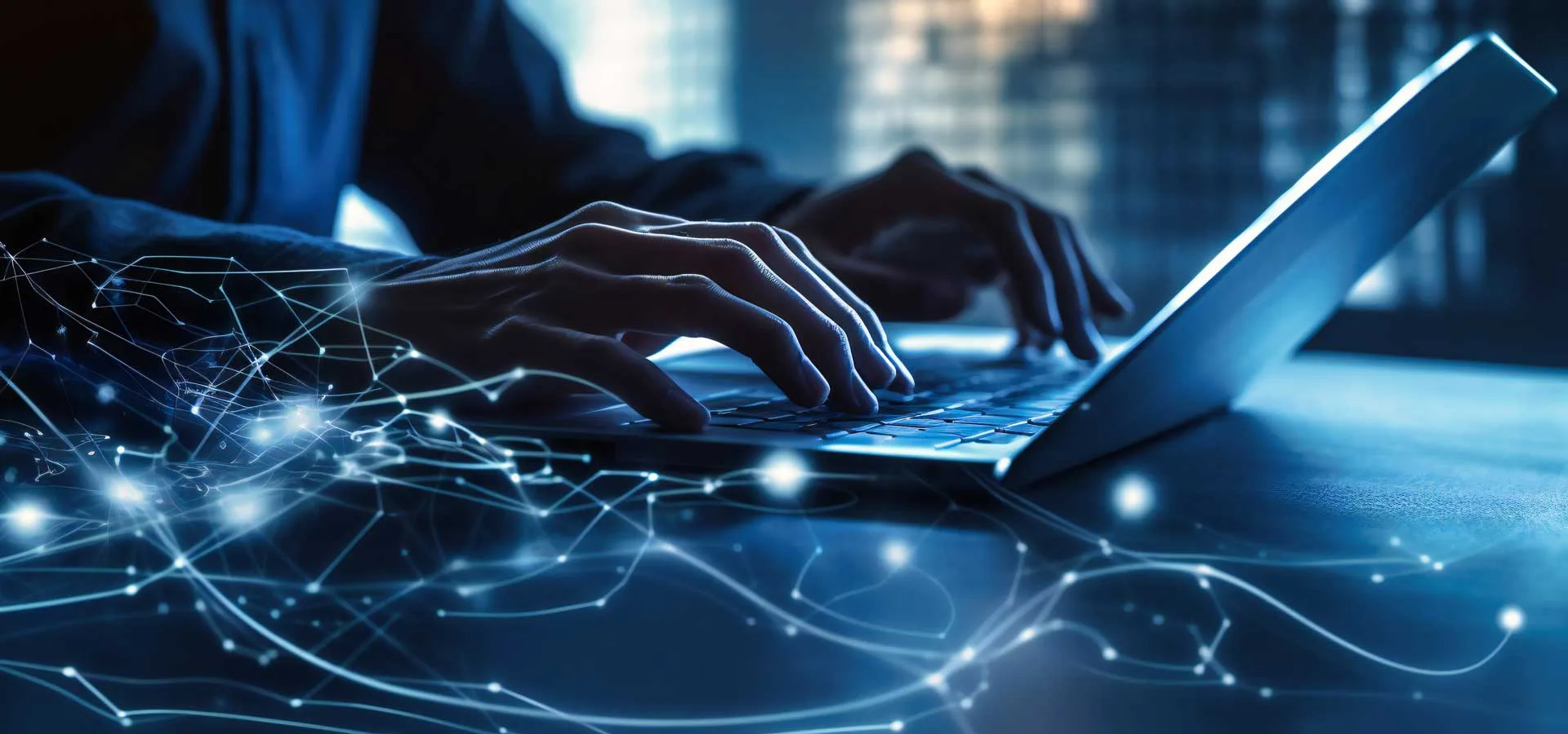 Software di digitalizzazione 1 Software di digitalizzazione persona che digita in un portatile con un reticolo virtuale in primo piano