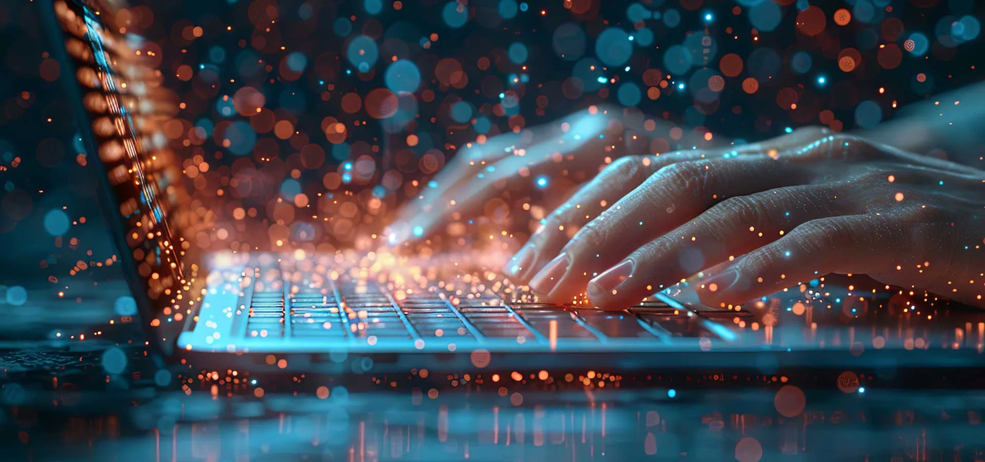 Software di digitalizzazione 8 Software di digitalizzazione persona che digita su un laptop in un ambiente di bollicine colorate