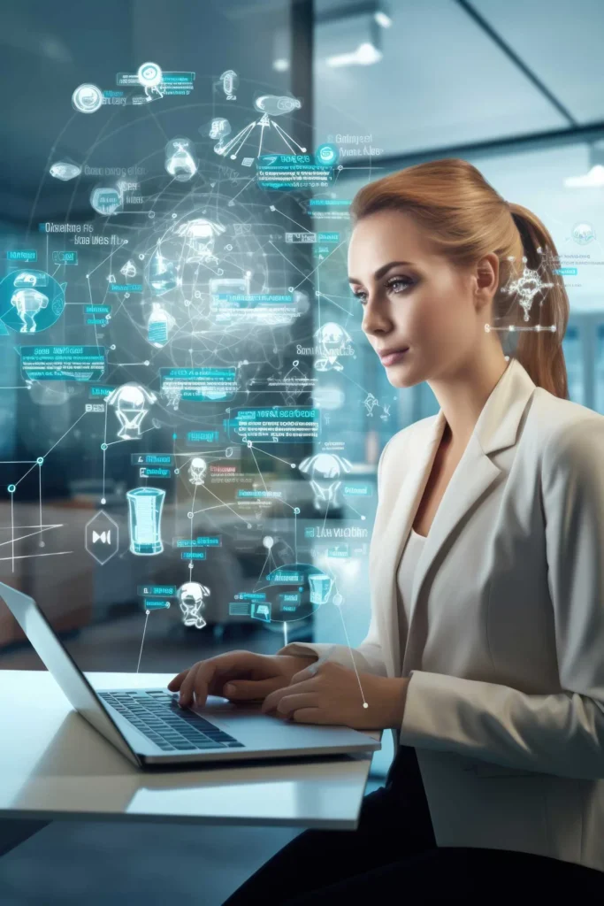 Software di digitalizzazione 10 Software di digitalizzazione ragazza al computer con delle icone virtuali che escono dallo schermo