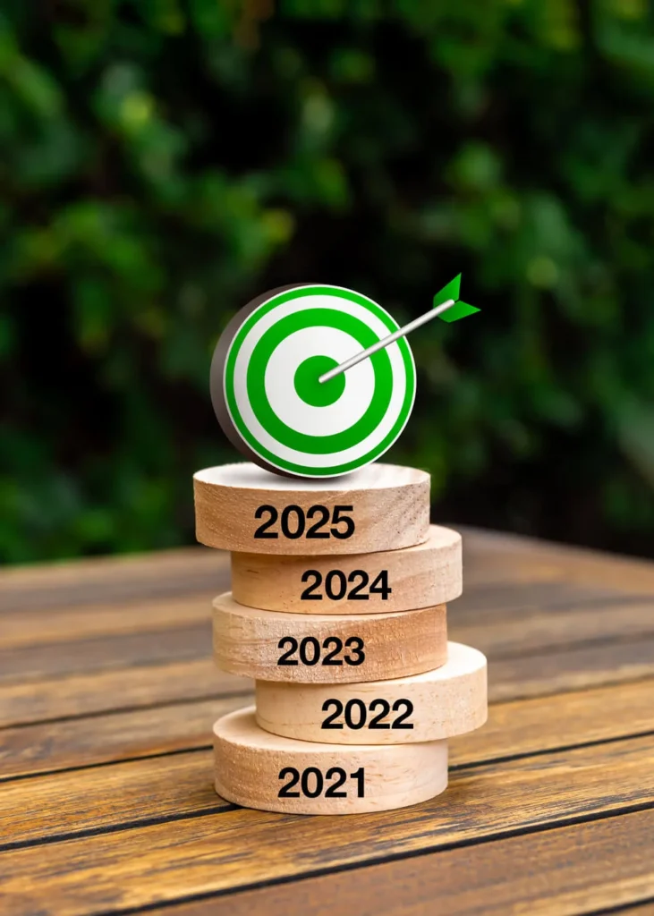 Trend del Marketing 2025 7 Trend del Marketing 2025 bersaglio verde sopra una pila di dischi di legno