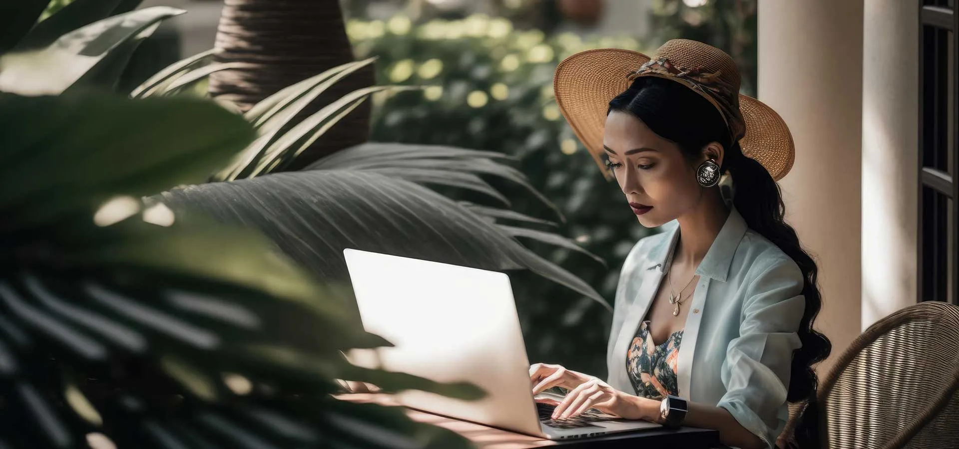 Vacanze con Marketing donna in un hotel di lusso mentre guarda il suo portatile
