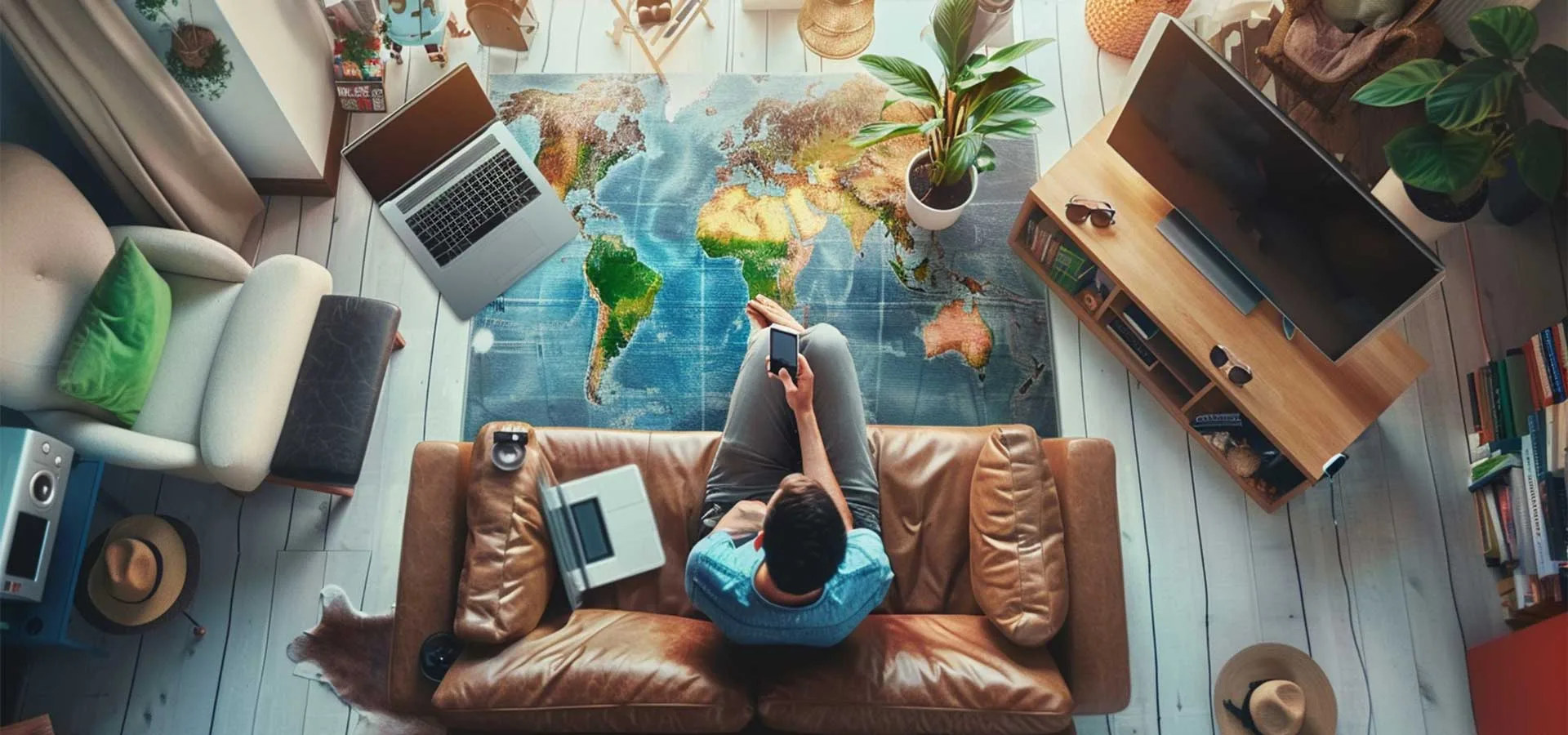 Vacanze con Marketing Efficace 1 Vacanze con Marketing ragazzo seduto sul divano con cellulare in mano visto dall'alto