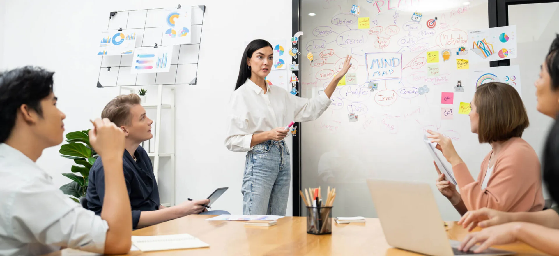 Visual Storytelling gruppo di marketers che discutono davanti a una lavagna bianca su cui è disegnata una mappa mentale