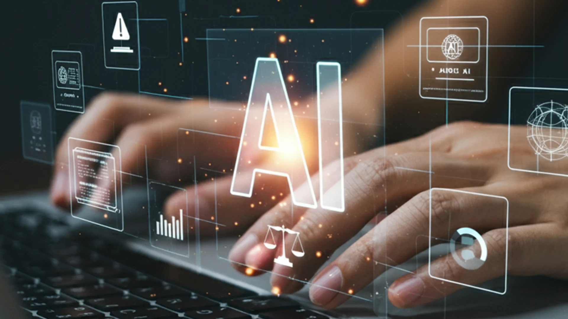 Marketing e AI 1 Marketing e AI generativa
mani sulla tastiera con immagine trasparente come schermo