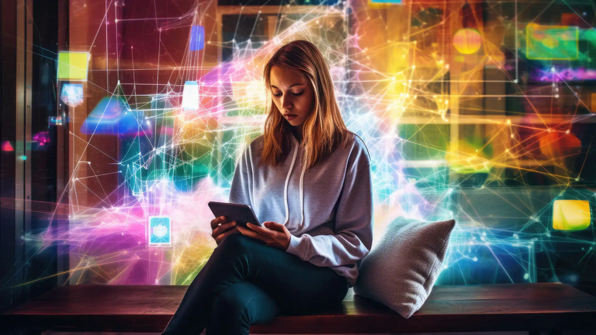 Marketing e AI - Cosa Aspettarsi per il Futuro 1 Marketing e AI ragazza con cellulare e colori attorno con delle icone