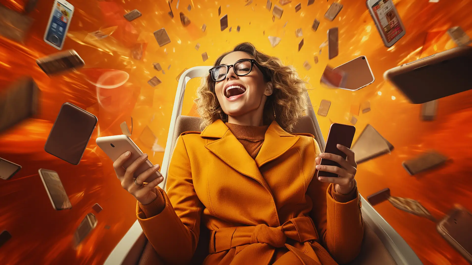 Advertising sui Social Media donna con cellulare in mezzo a una esplosione di icone social