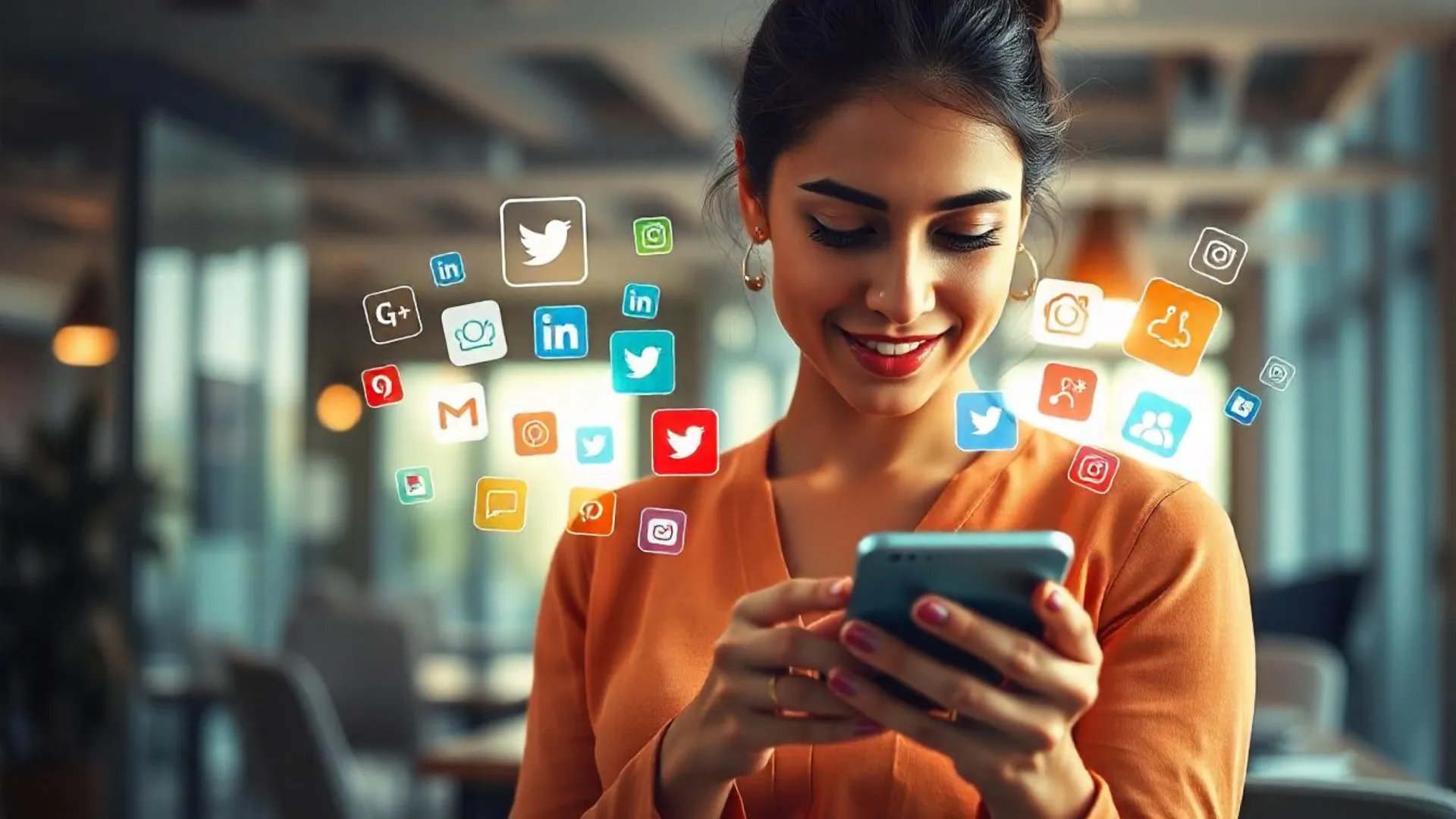 Social Media Advertising 1 Social Media Advertising ragazza col cellulare in mano e sullo sfondo tante icone