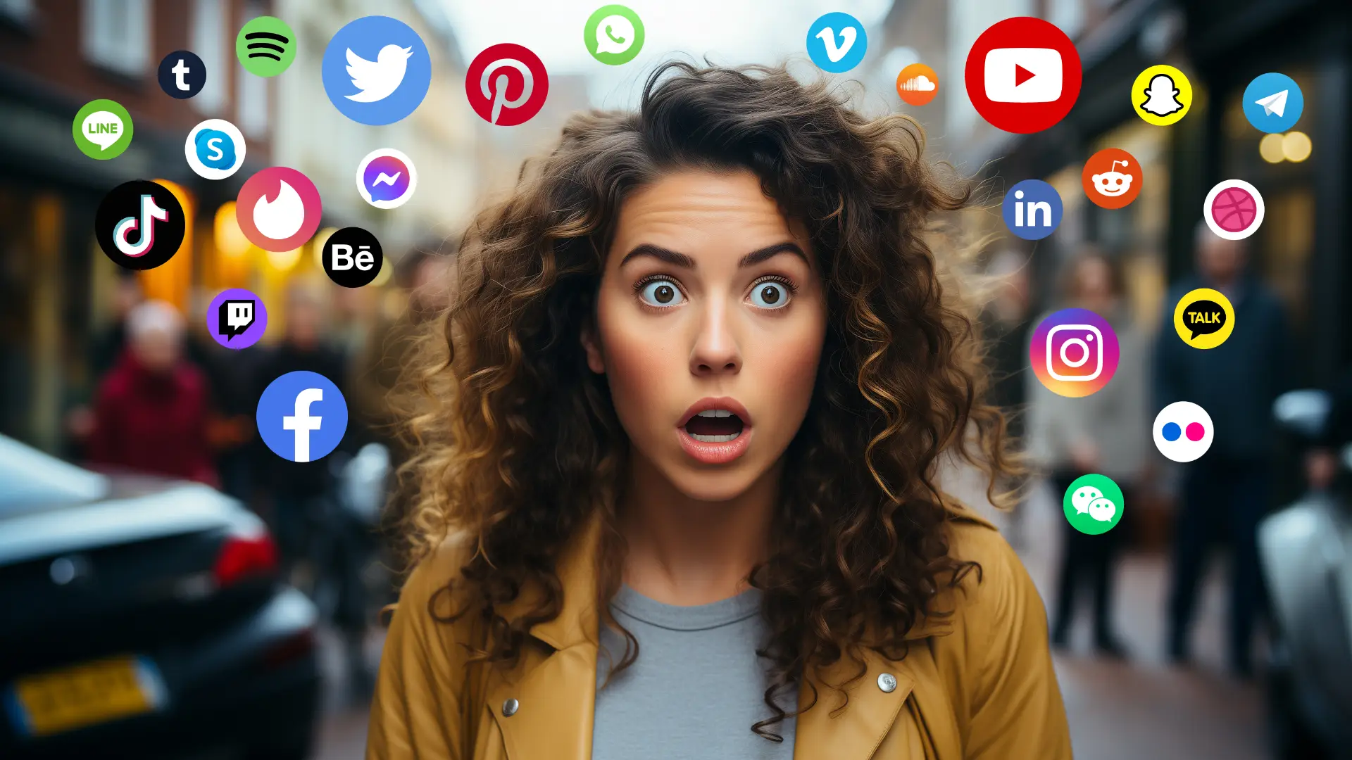 Advertising sui Social Media ragazza con faccia stupita in mezzo a tante icone
