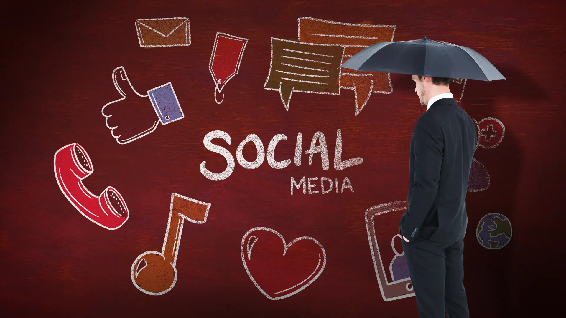 Advertising sui Social Media uomo con l'ombrello che guarda è una parete o simboli social