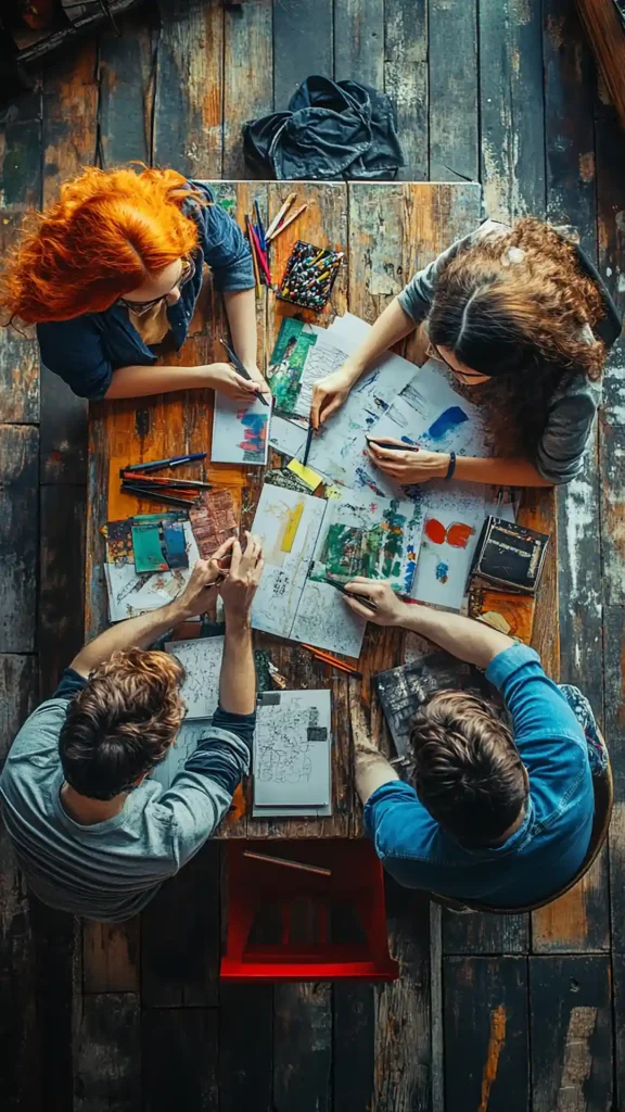 Content Marketing e SEO - Come Farli Lavorare Insieme - Immagine Verticale di Quattro persone seduta un tavolo che discutono su dei progetti