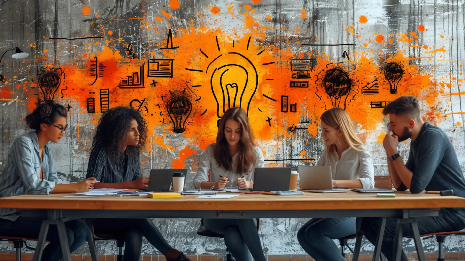 Content Marketing e SEO - Come Farli Lavorare Insieme - Quattro persone seduti a un tavolo con alle spalle l'immagine di un'idea