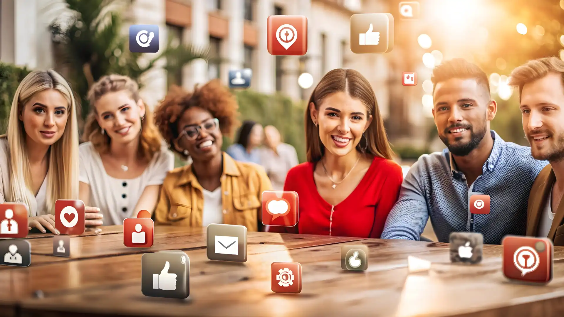 Costruire una Community Online cinque persone seduta un tavolo dove sopra ci sono icone social
