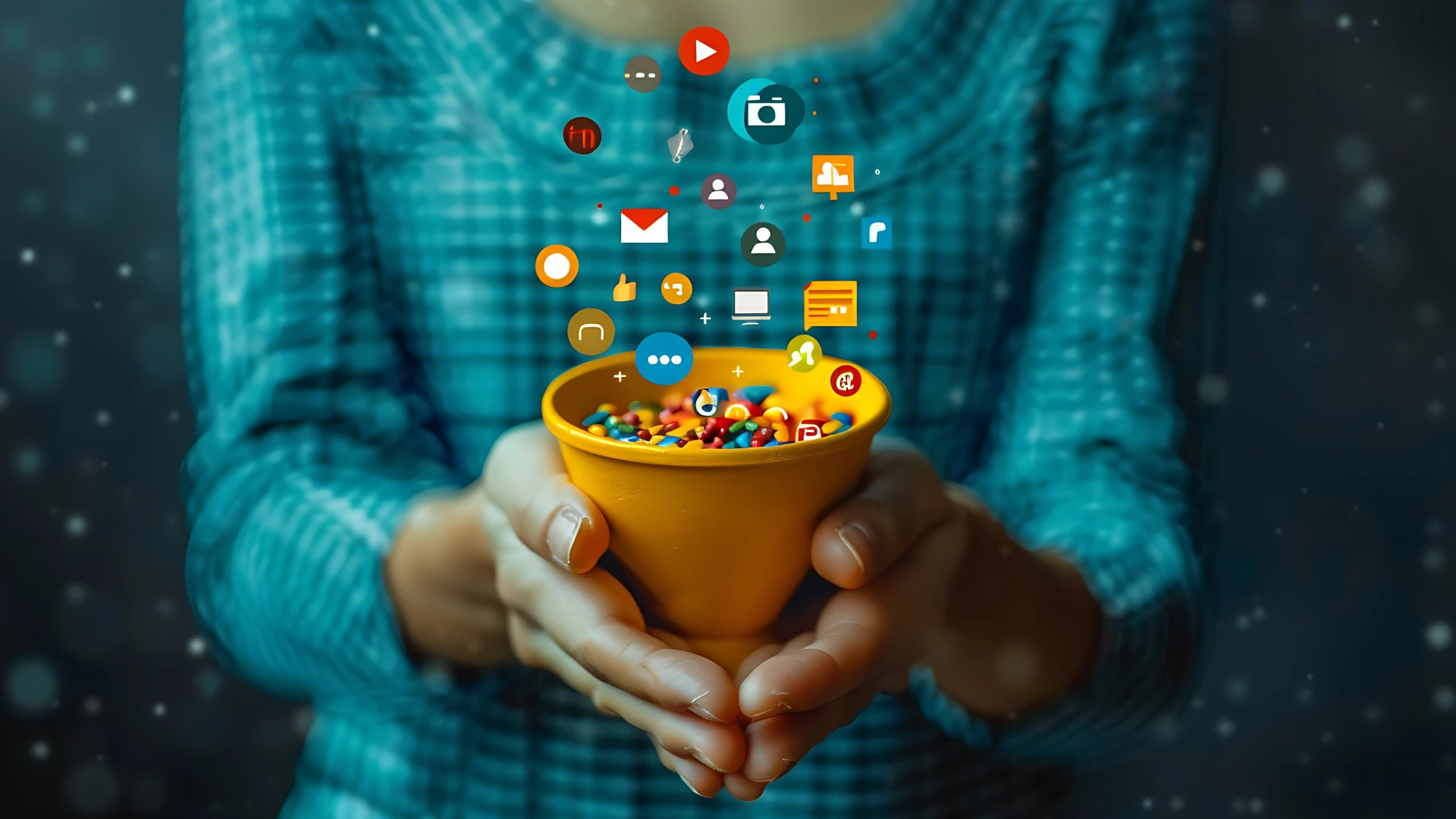Costruire una Community Online ragazza tiene in mano un imbuto dove all'interno ci sono tante icone social