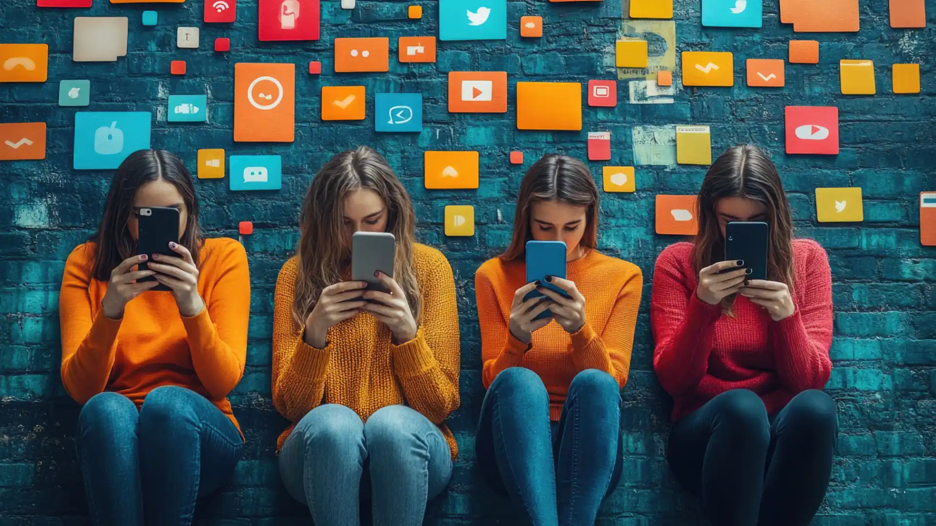 Insight dei Social Media Quattro ragazze sedute che guardano il loro cellulare