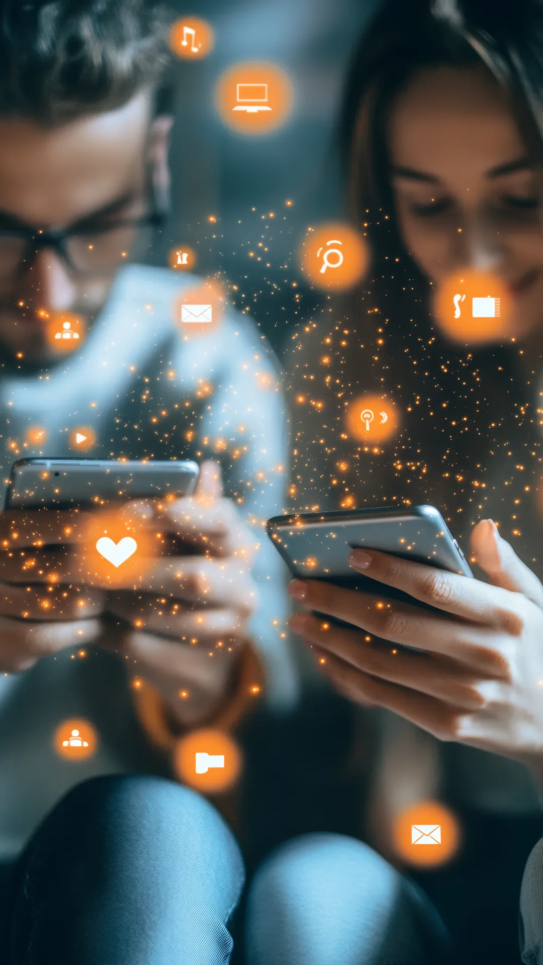 Insights dei Social Media due ragazzi con in mano il cellulare con te Elicona i social nello sfondo