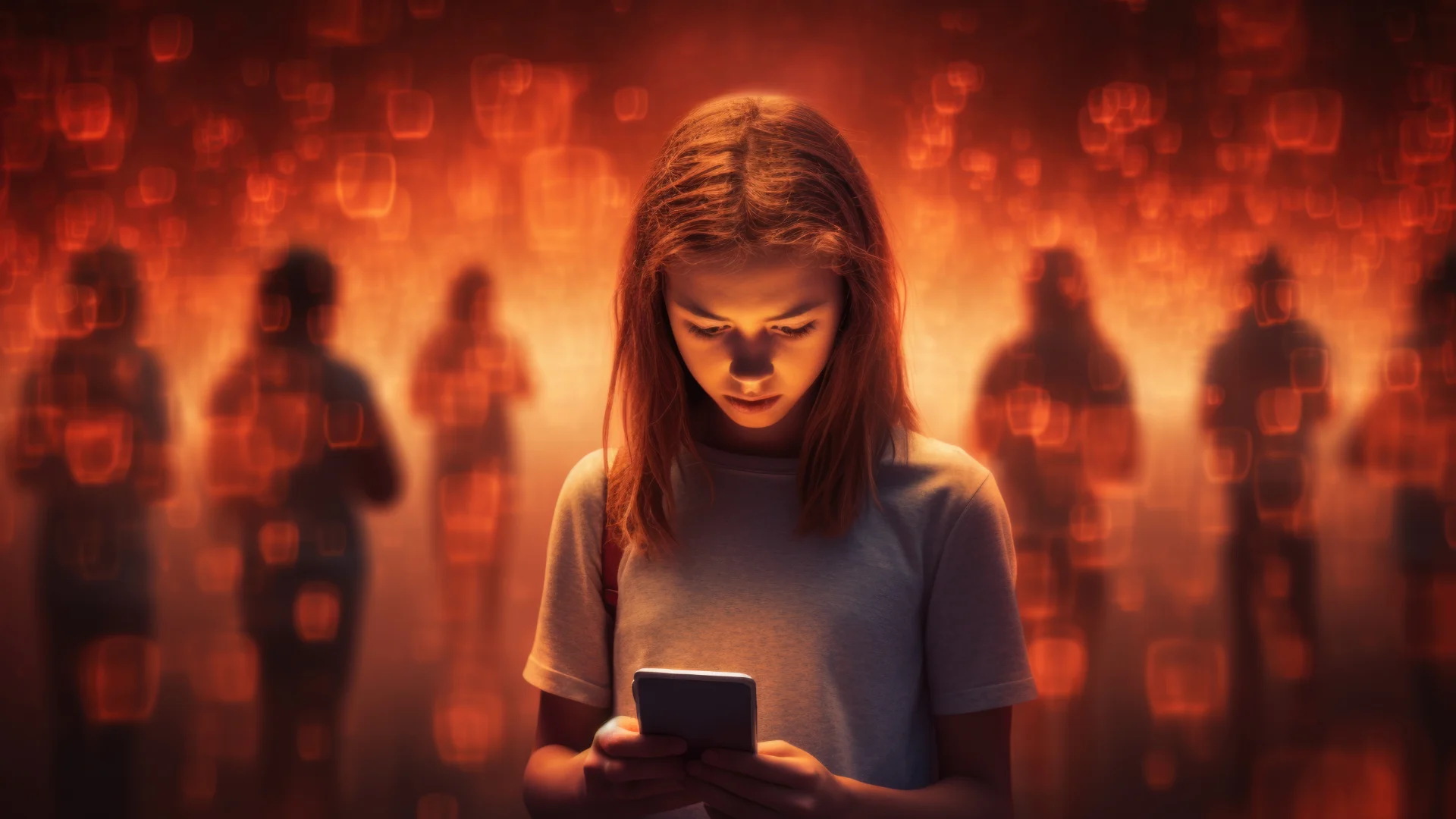 Insight dei Social Media immagine concettuale di una ragazza che guarda il suo cellulare e sullo sfondo altri amici col cellulare