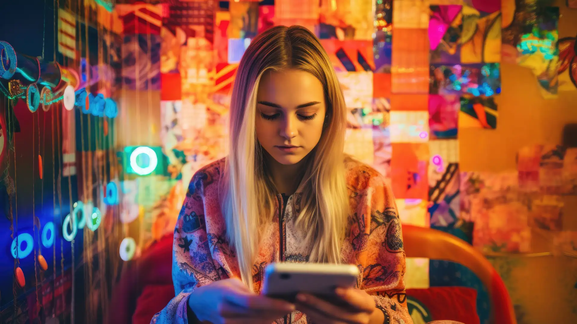 Insight dei Social Media immagine concettuale di una ragazzina con il suo cellulare in mano e sullo sfondo tante icone social