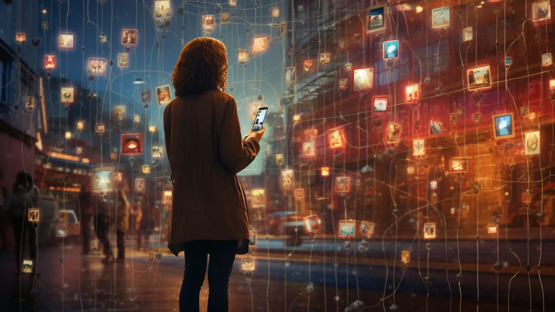 Insight dei Social Media ragazza con il cellulare in mano di spalle che guarda una città illuminata da icone i social