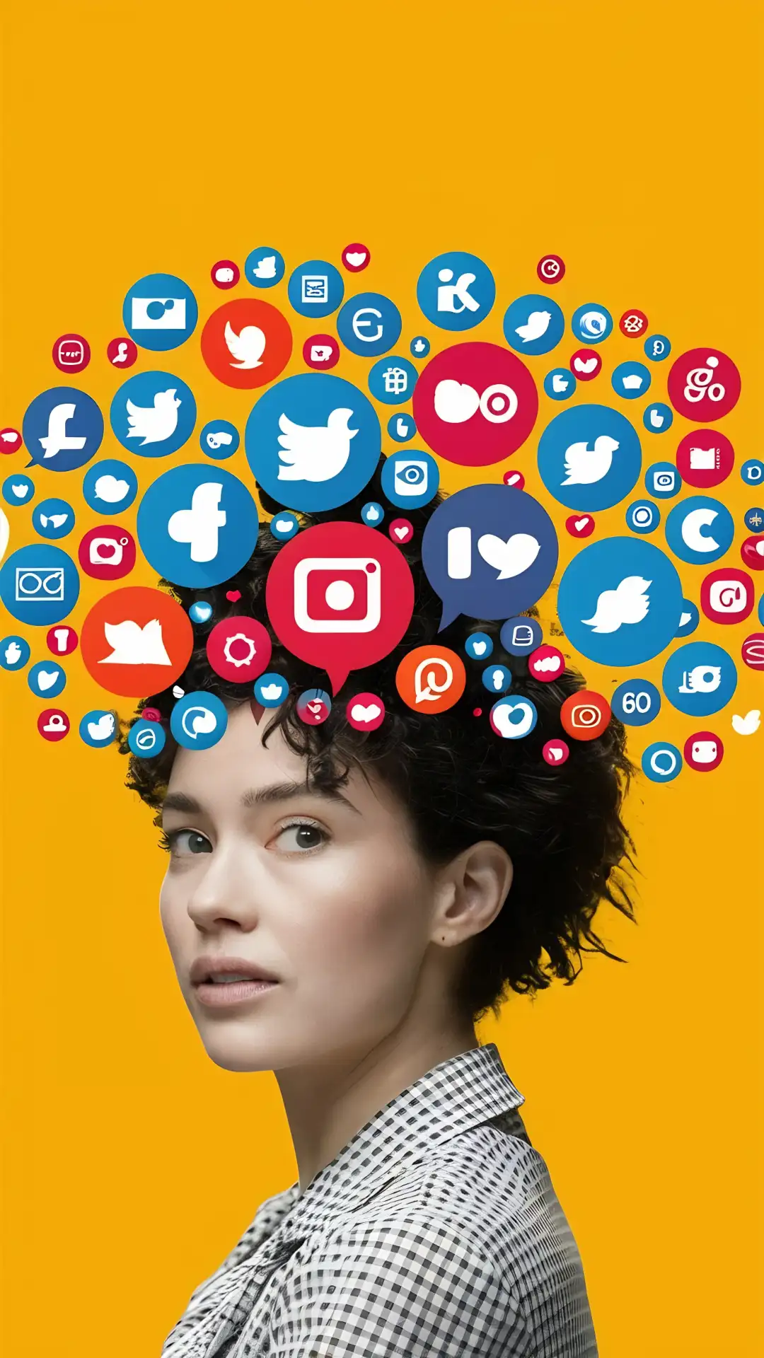 Insights dei Social Media ragazza vista di tre quarti con in testa molte icone social