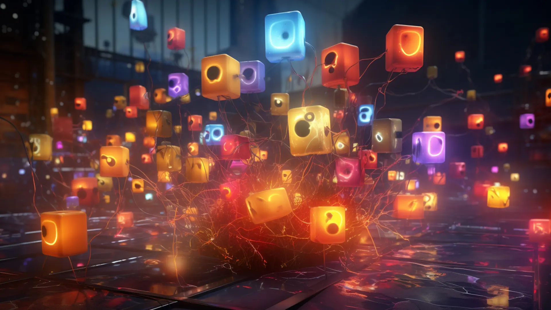 Insight dei Social Media tante scatole colorate in una strada buia di una grande città