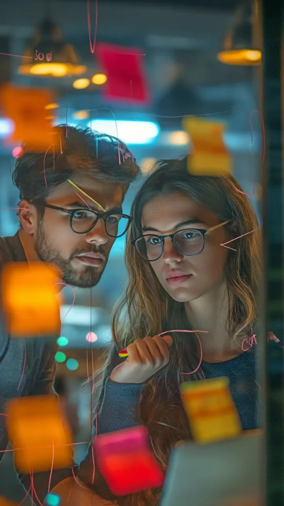 SEO Locale - Come Attrarre Clienti Locali 4 Local SEO - immagine verticale di due ragazzi che guardano su una lavagna trasparente dei post-it