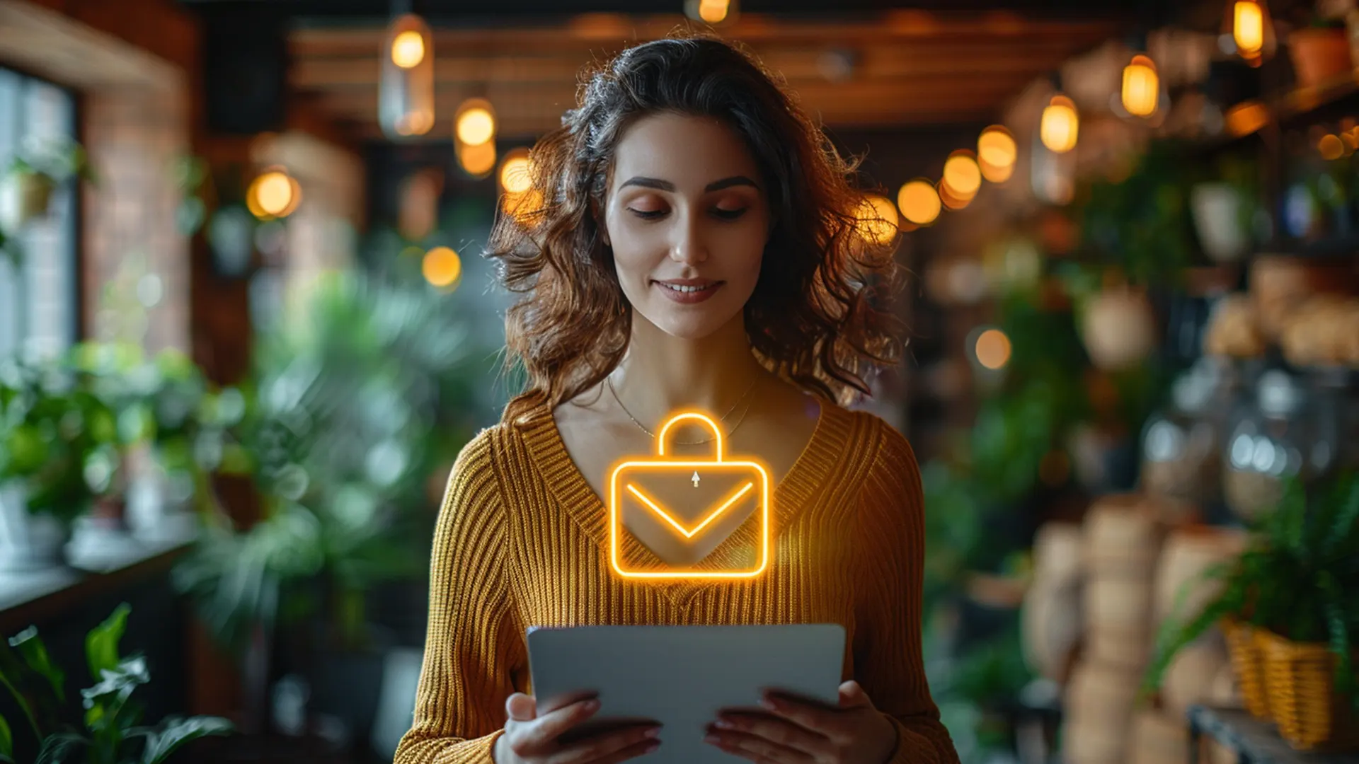 Marketing Automation per le PMI - ragazza che guardo il tablet è un'icona luminosa sul fronte