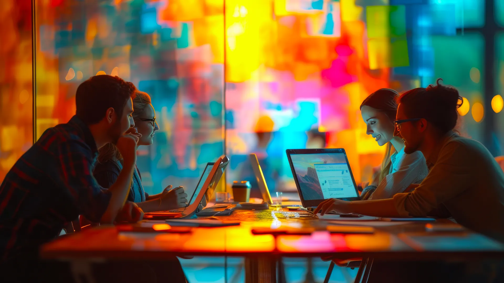 SEO Off-Page - 4 persone con i loro laptop seduti a un tavolo