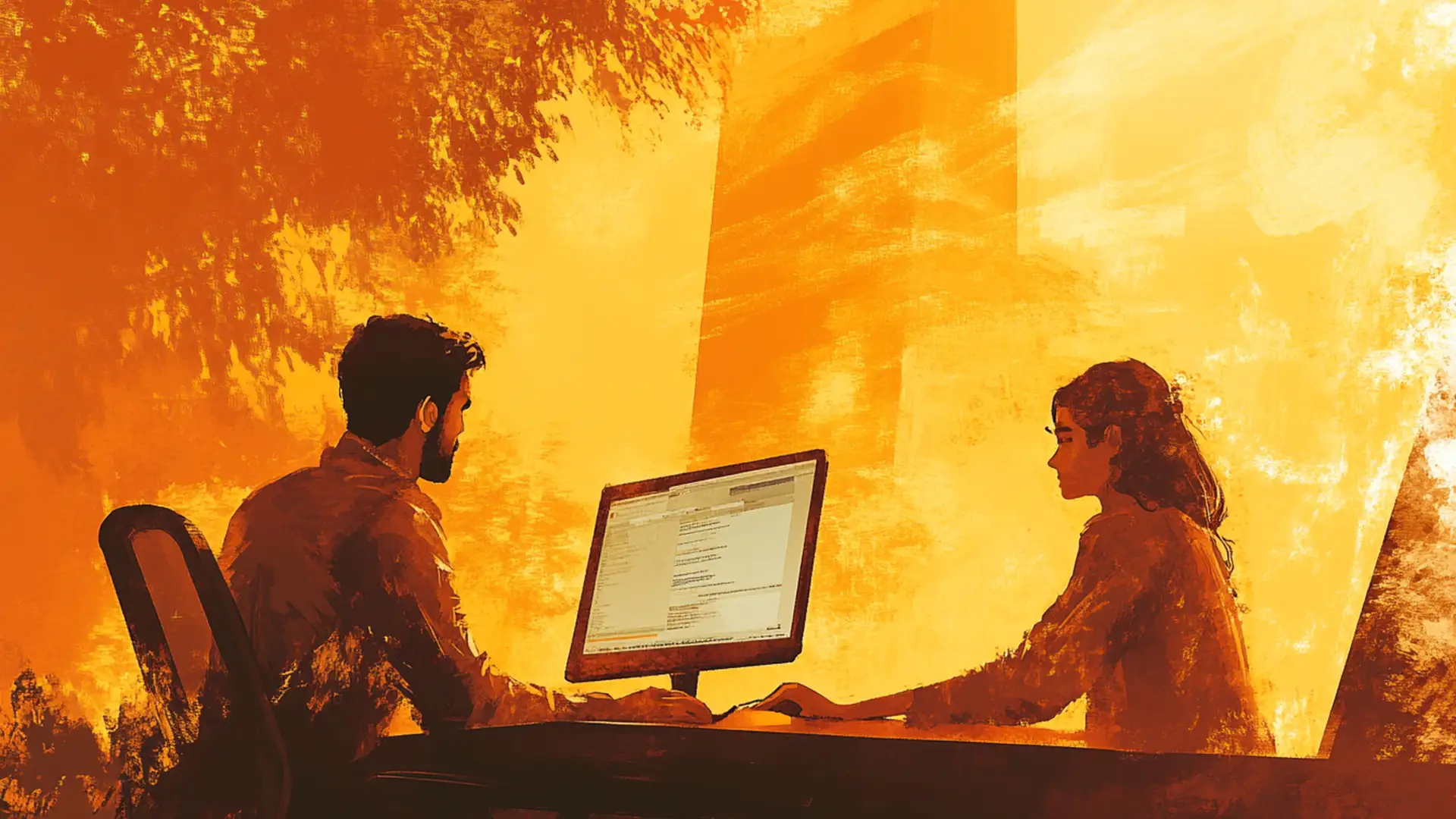 SEO On-Page 3 SEO On-Page - due ragazzi seduti che discutono davanti al computer