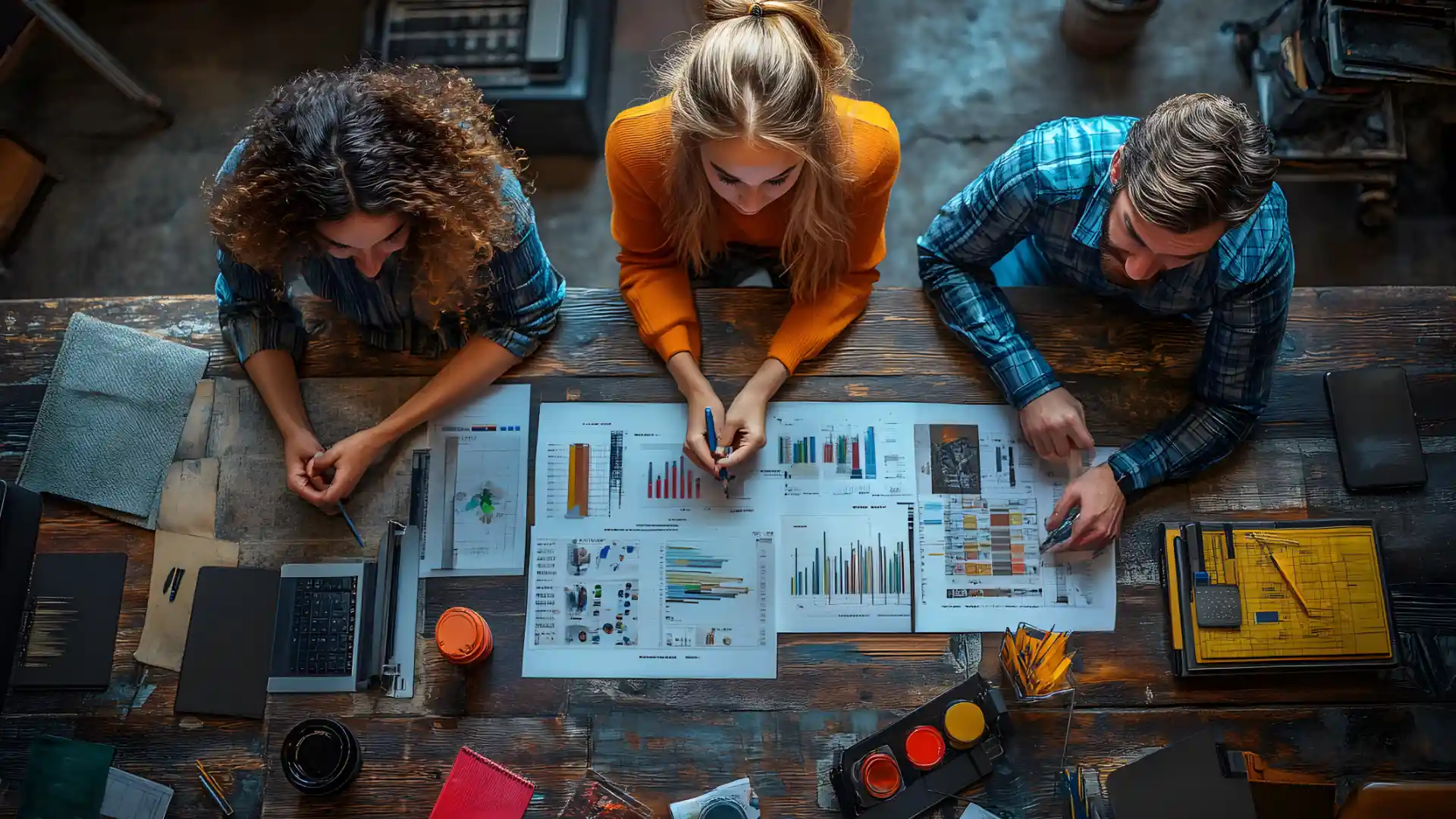 SEO Tecnica - Vista dall'alto di tre persone che guardano dei grafici sopra un tavolo