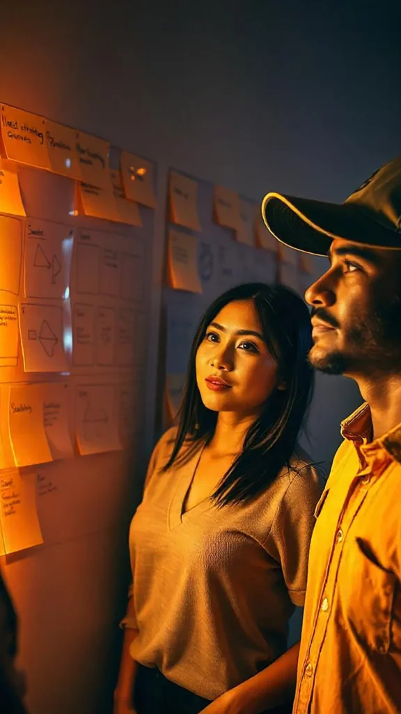 SEO Tecnica - due ragazzi che guardano dei post-it appesi a una parete