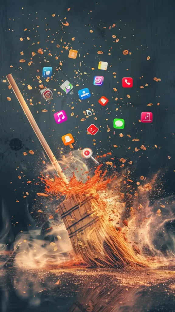 Strategia di Content marketing Efficace - Foto verticale con scopa magica e icone social