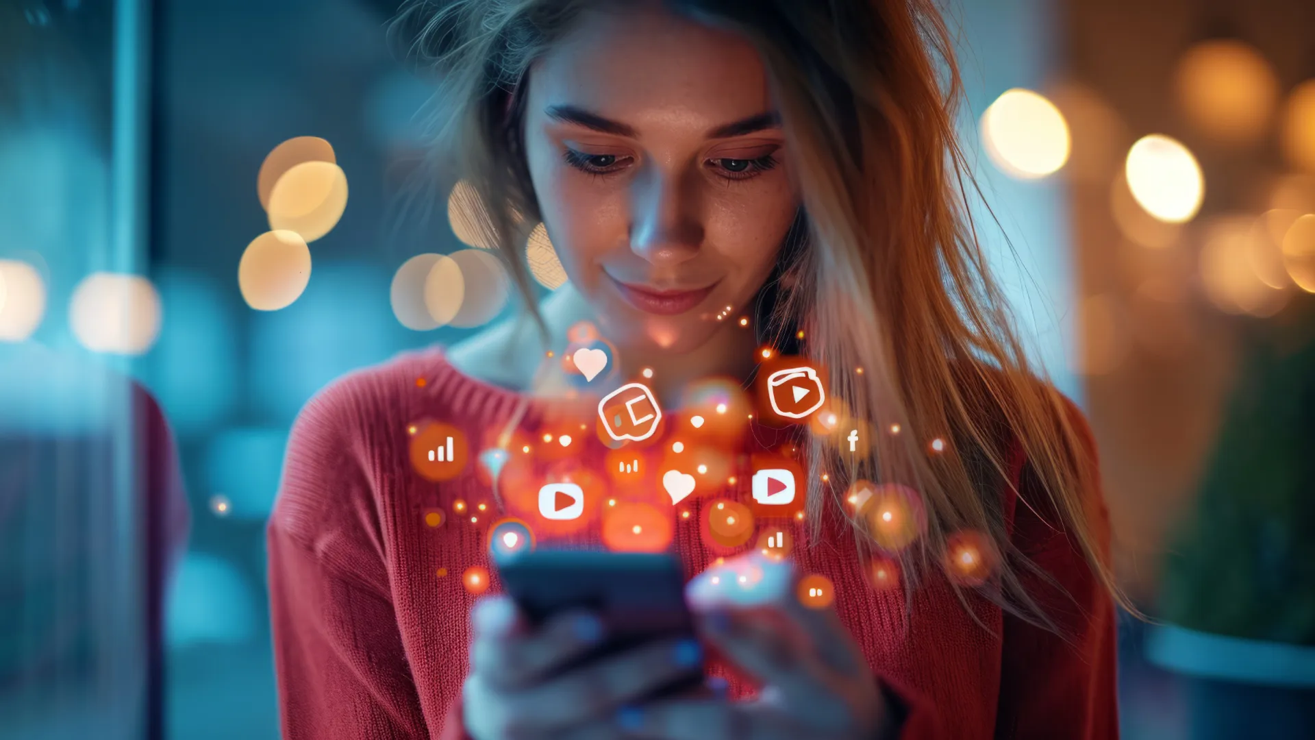 Strategia di Content marketing Efficace - ragazza che guarda il cellulare con icone social in aria