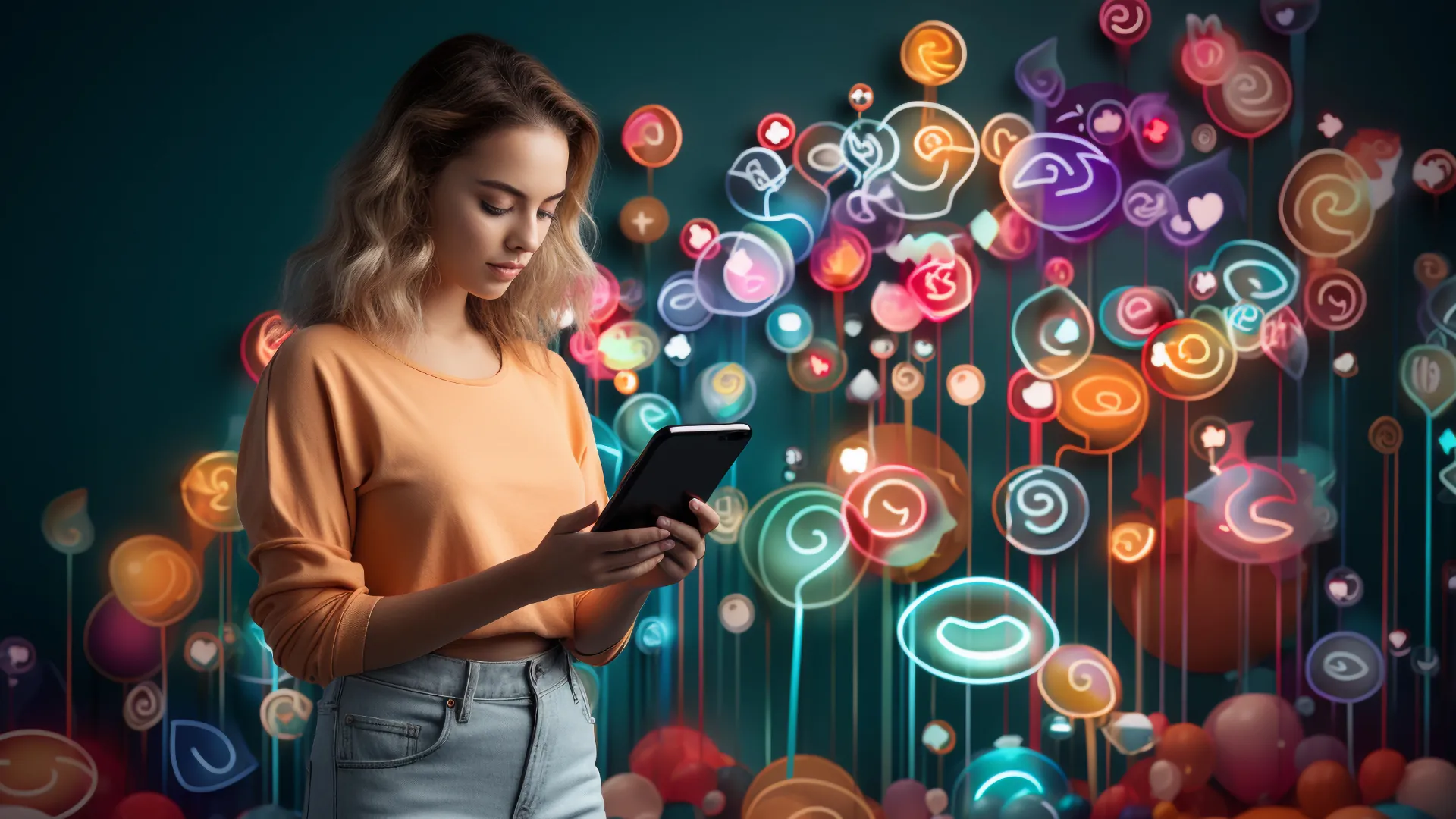 Come Creare una Strategia di Content marketing sui Social Media 1 Strategia di Content marketing Efficace ragazza che guarda il suo Tablet con icone social in aria