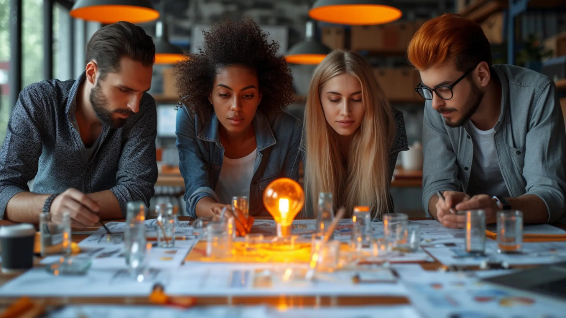 Strumenti di Marketing Automation 5 Strumenti di Marketing Automation - Quattro ragazzi attorno un tavolo che fissano una lampadina accesa nel centro del tavolo