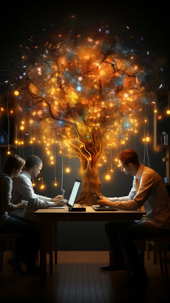 Strumenti di Marketing Automation 1 Strumenti di Marketing Automation - immagine verticale di tre persone che lavorano in computer e sullo sfondo un albero luminoso