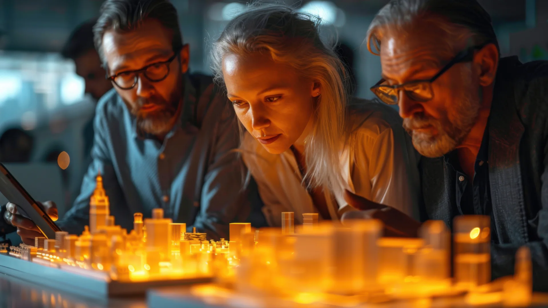 Strumenti di Marketing Automation 2 Strumenti di Marketing Automation - tre persone che guardano un plastico di una città fluorescente