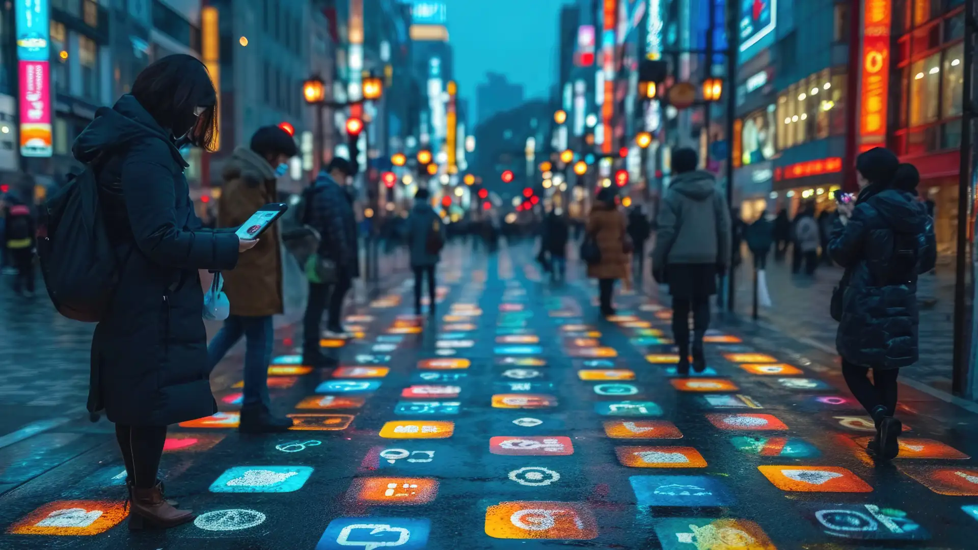 Beacons e Geofencing - immagine concettuale con persone che camminano in una strada lastricata di icone social
