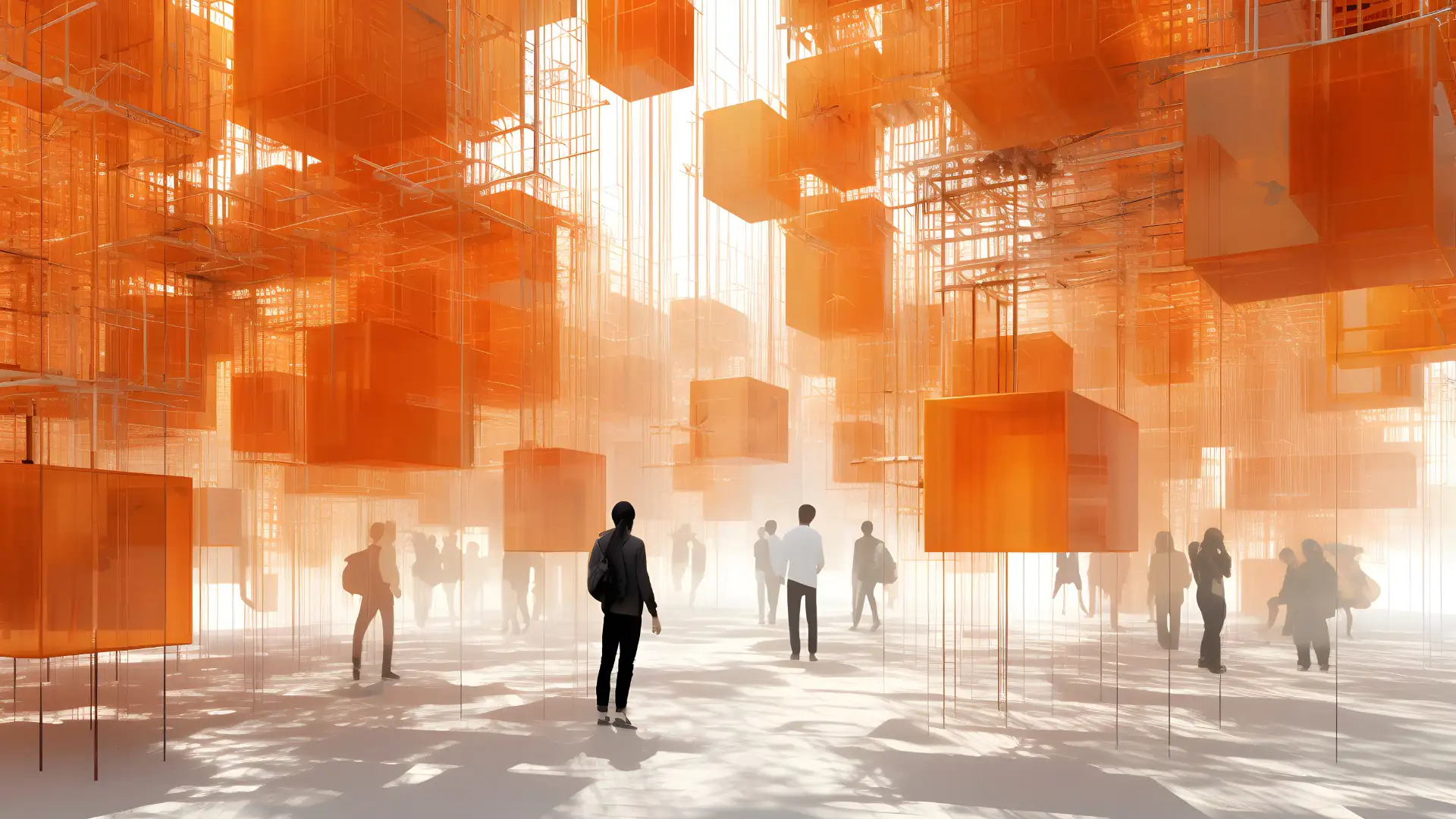 Beacons e Geofencing - immagine fantasiosa con delle persone che si guardano immerse in una dimensione con tanti cubi