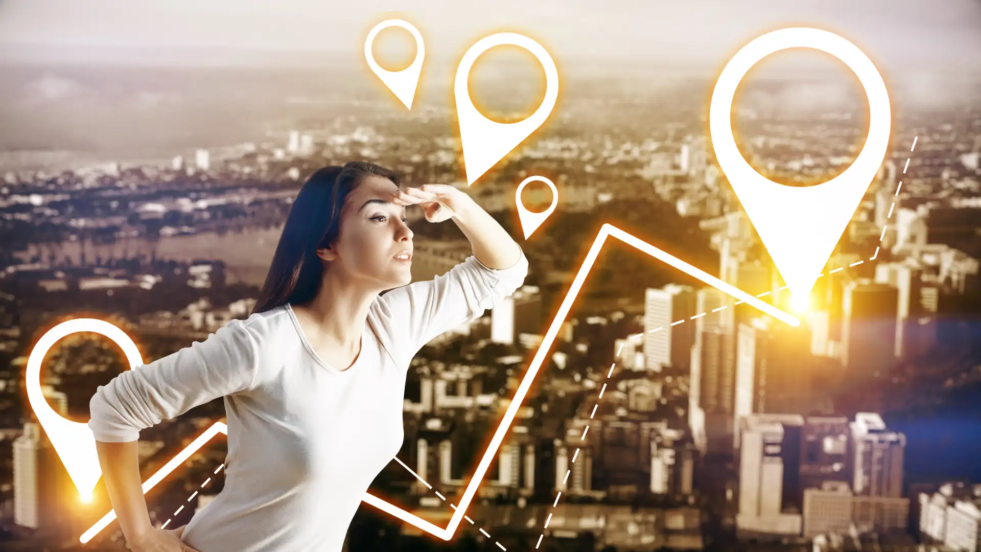 Beacons e Geofencing Marketing di Prossimit&agrave; - ragazza che guarda l'orizzonte immagine concettuale