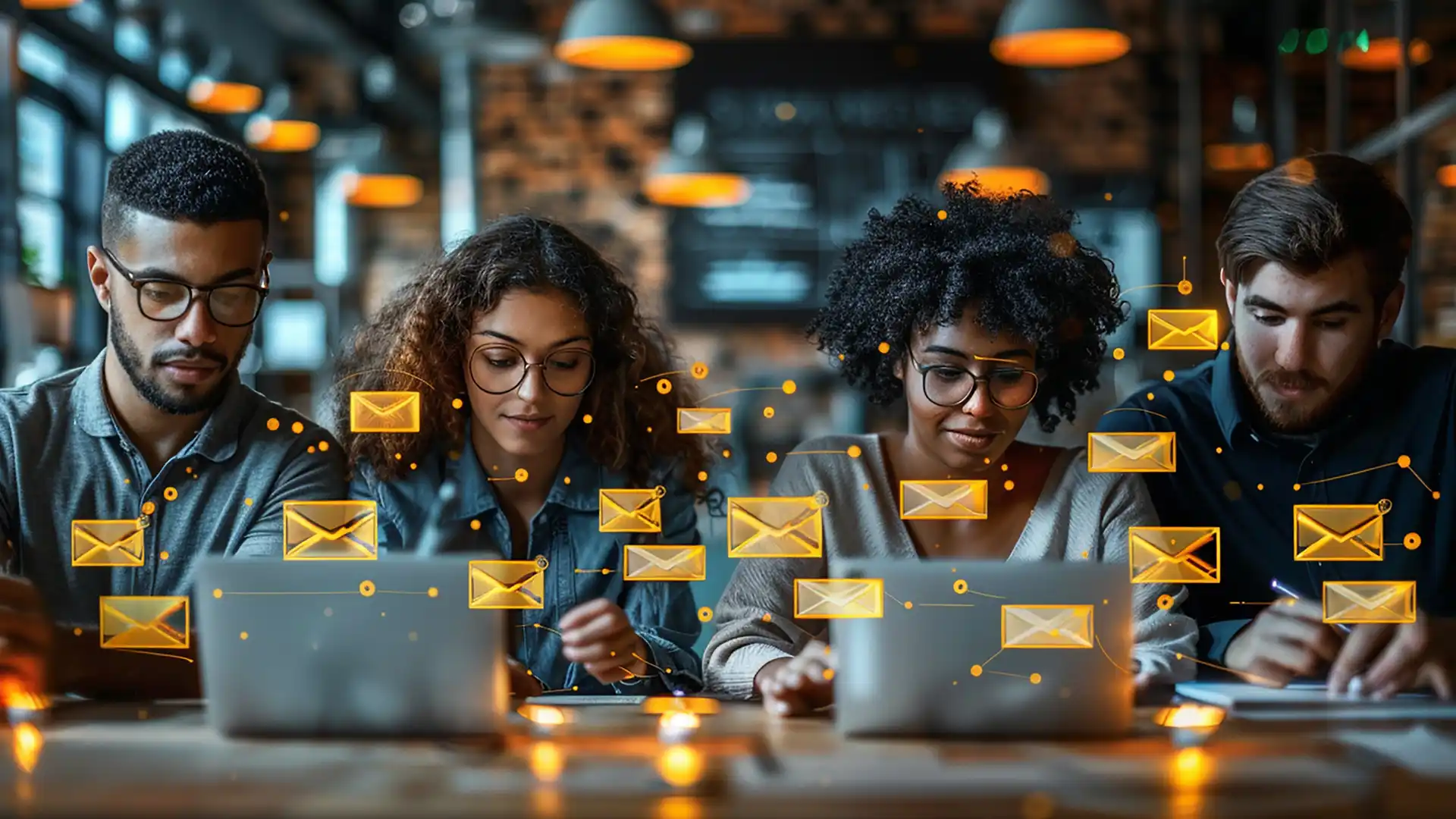 Email Marketing Automation - Quattro ragazzi al lavoro sul loro computer portatile