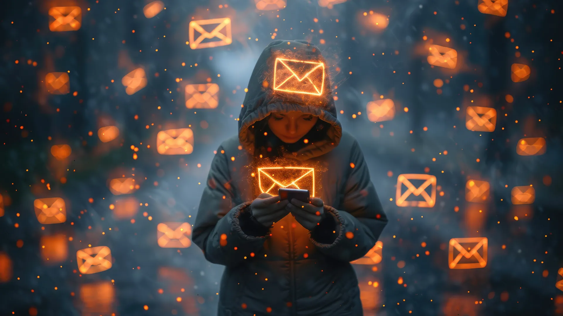 Email Marketing Automation - Ragazza che digita il suo smartphone immersa in icone email luminose