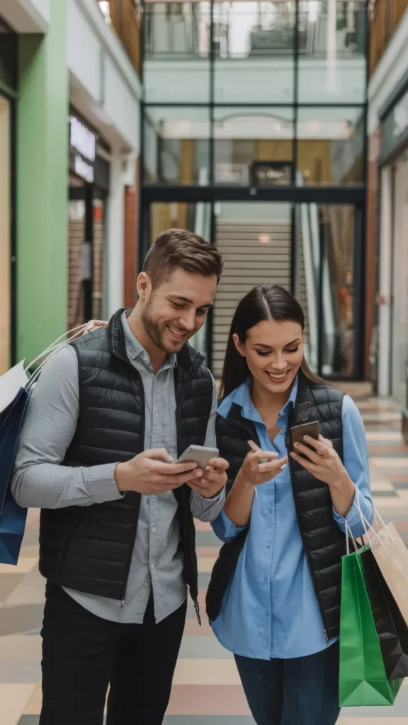 Strategie di Marketing di Prossimità per Negozio Fisico 3 Marketing di Prossimità - Due ragazzi felici che guardano il loro cellulare nel negozio