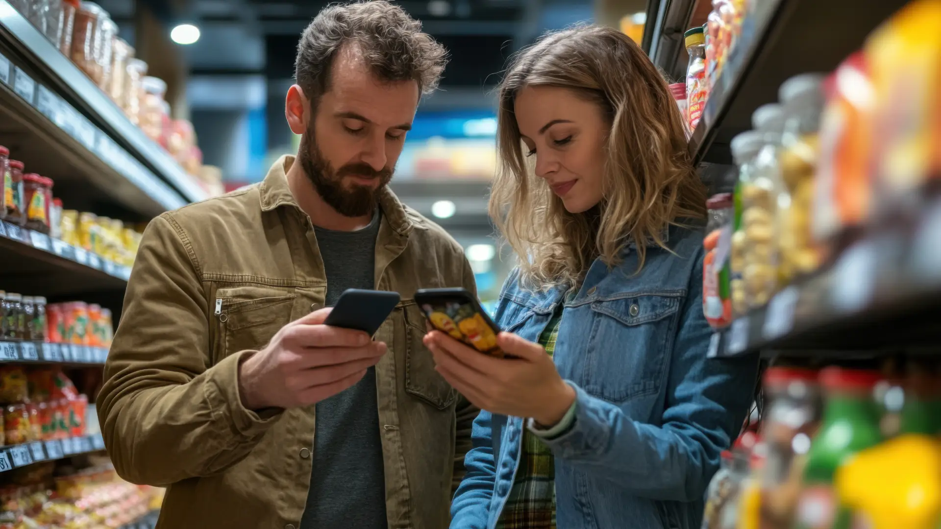 Strategie di Marketing di Prossimità per Negozio Fisico 4 Marketing di Prossimità - due ragazzi che guardano il loro cellulare vicino una scaffalatura in un supermercato