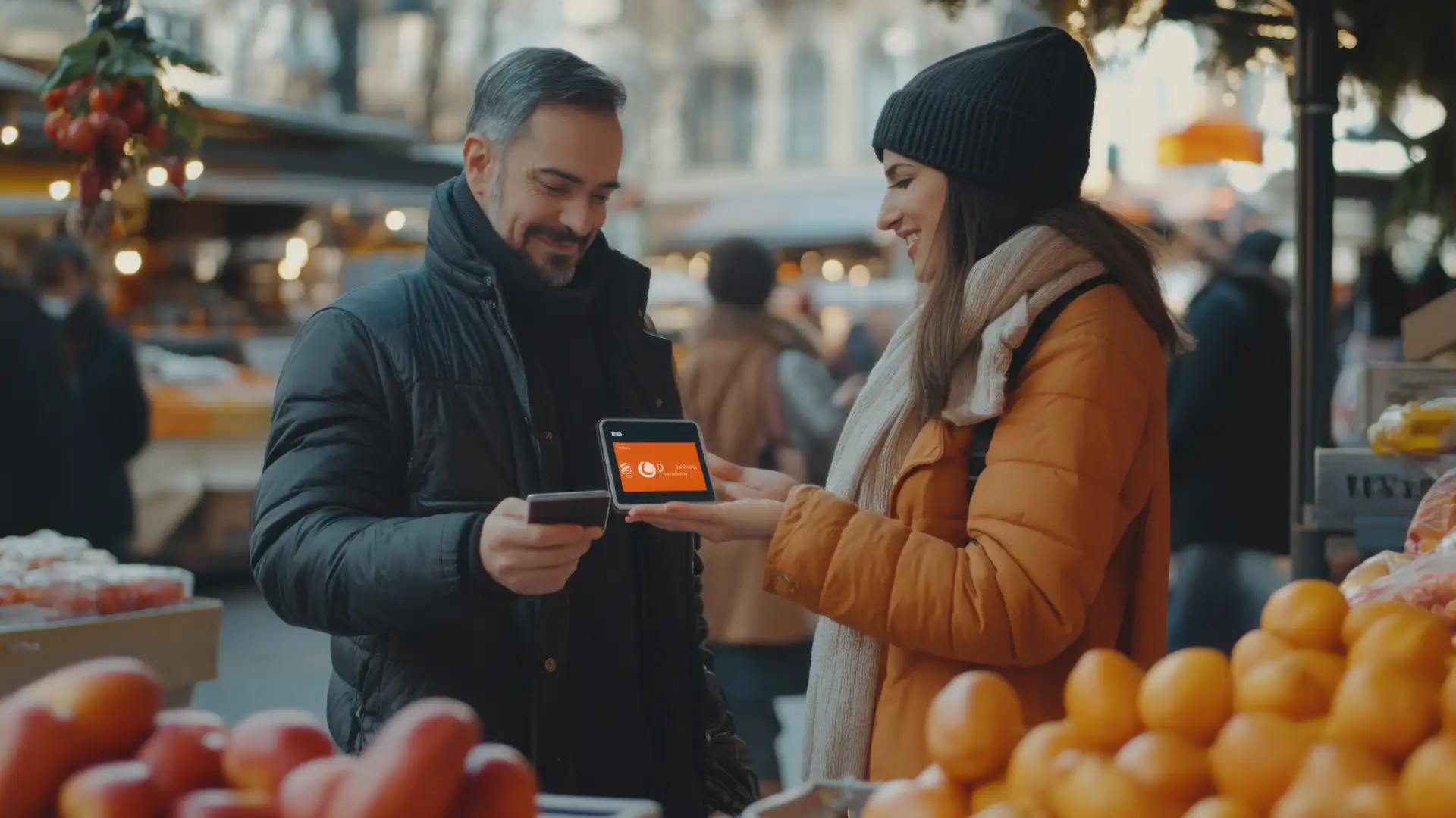 Marketing di Prossimità per le PMI - due persone che conversano al mercato guardando i loro cellulari