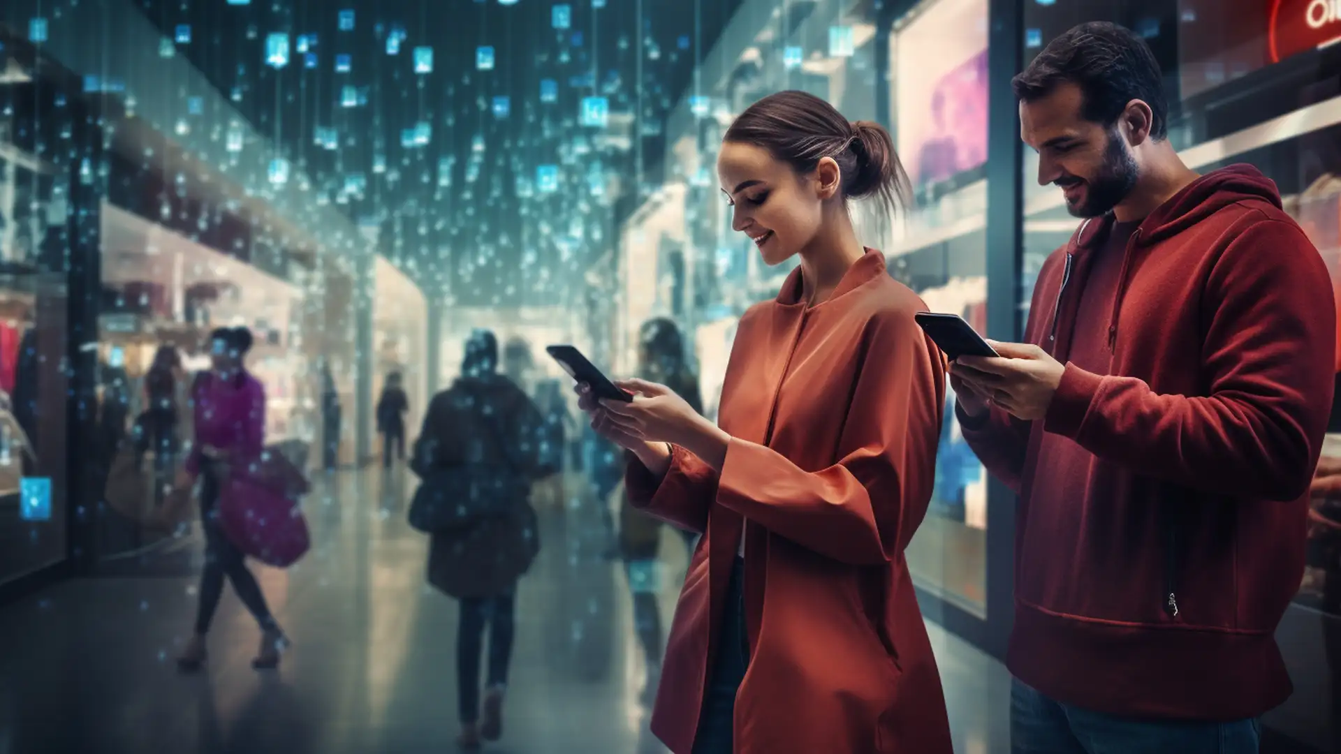 Marketing di Prossimità per le PMI - sono davanti a dei negozi che guardano i propri cellulari