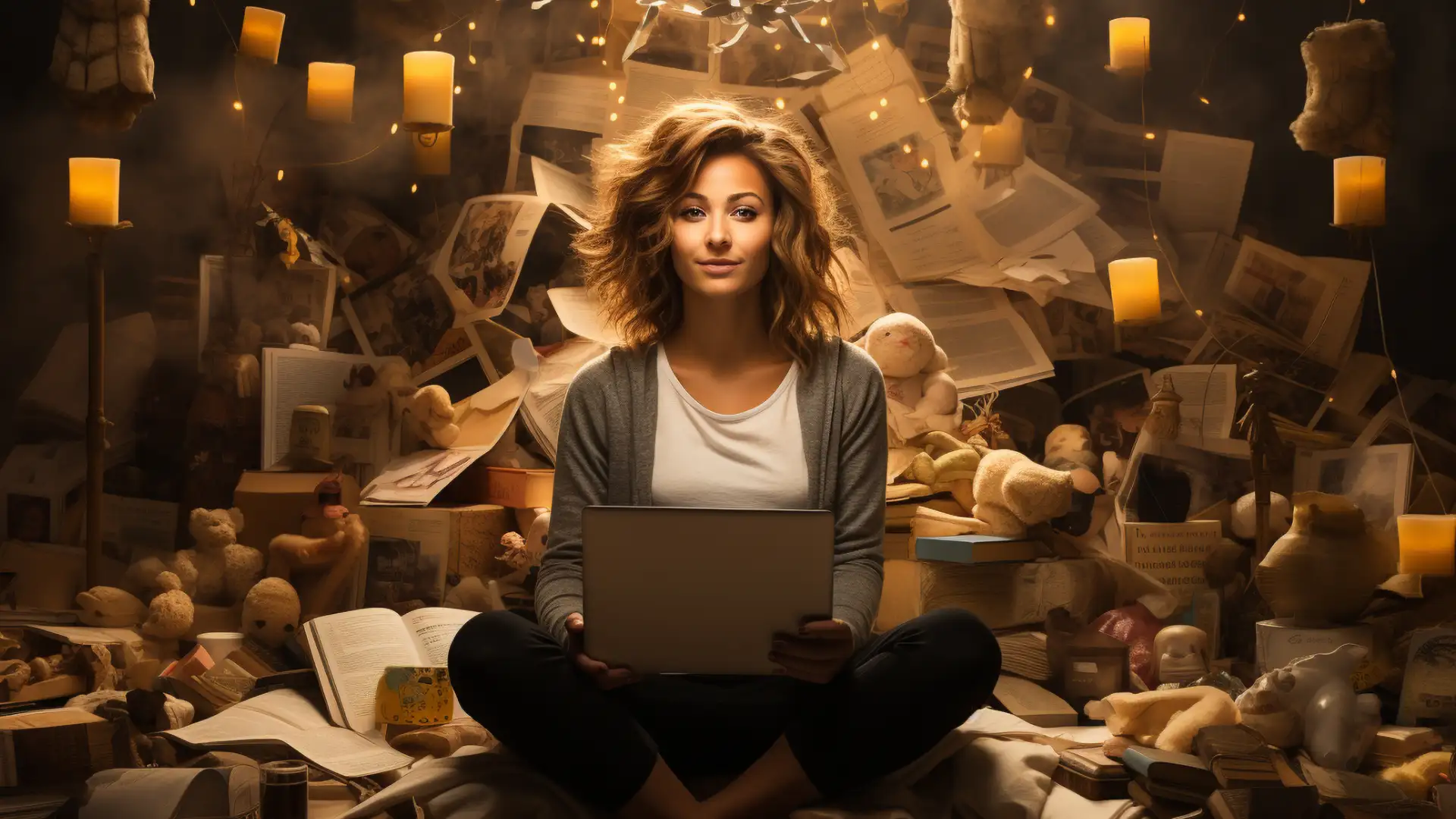 Ottimizzazione delle Campagne Digitali - ragazza seduta con il suo portatile in mezzo a una valanga di fogli