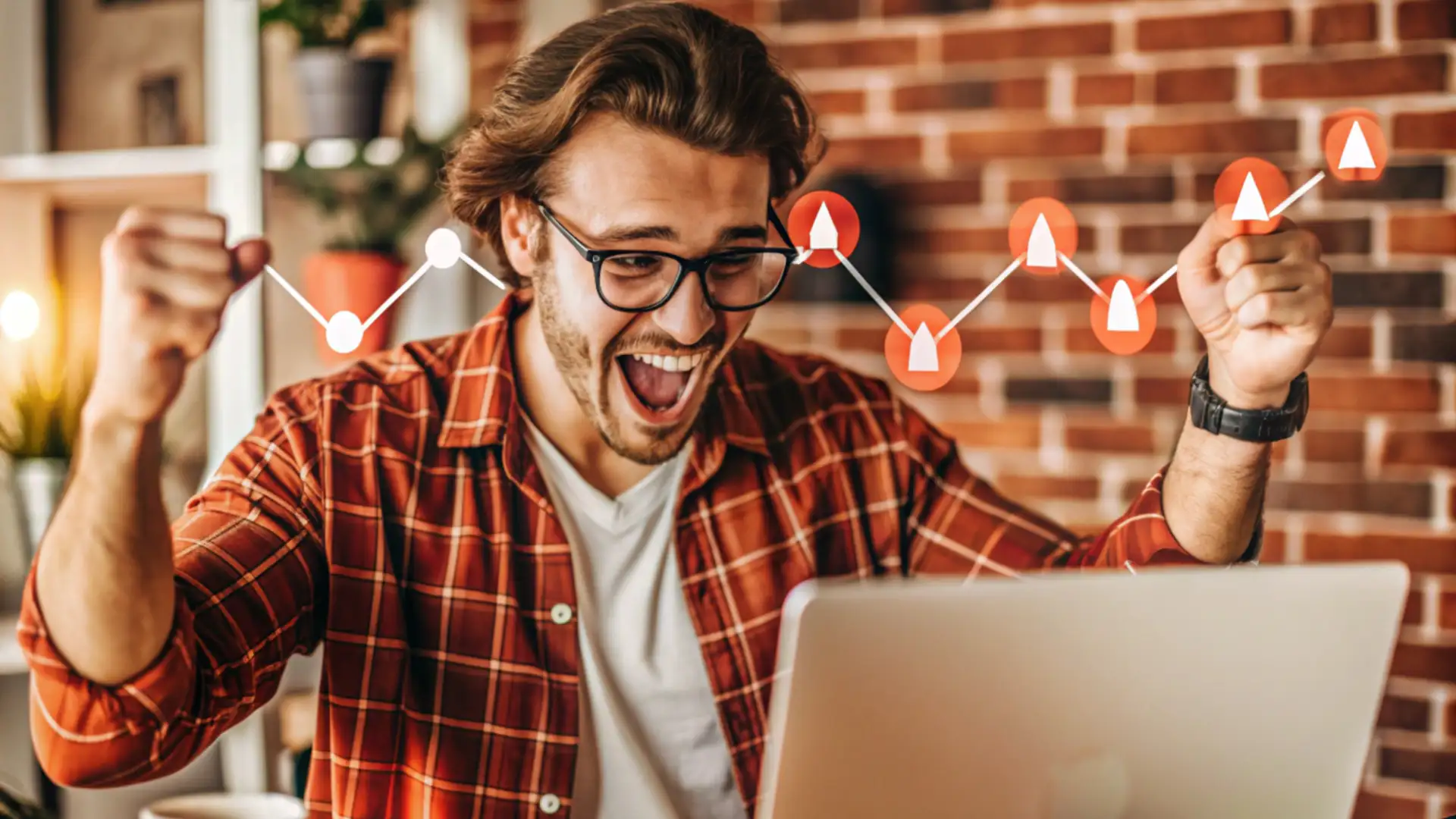 Ottimizzazione delle Campagne Digitali - ragazzo sorridente con le mani alzate davanti al suo portatile