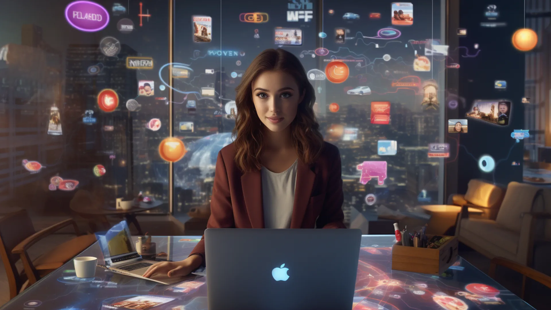 Sistema di Marketing Automation - Ragazza con portatile attorniata da icone social