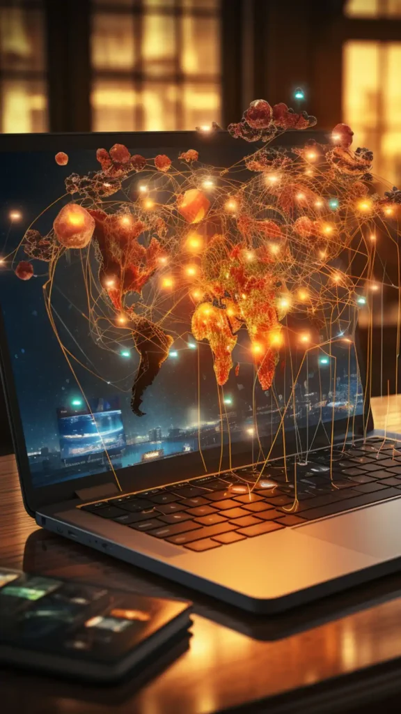 Sistema di Marketing Automation computer portatile con mappa del mondo luminoso sopra la tastiera